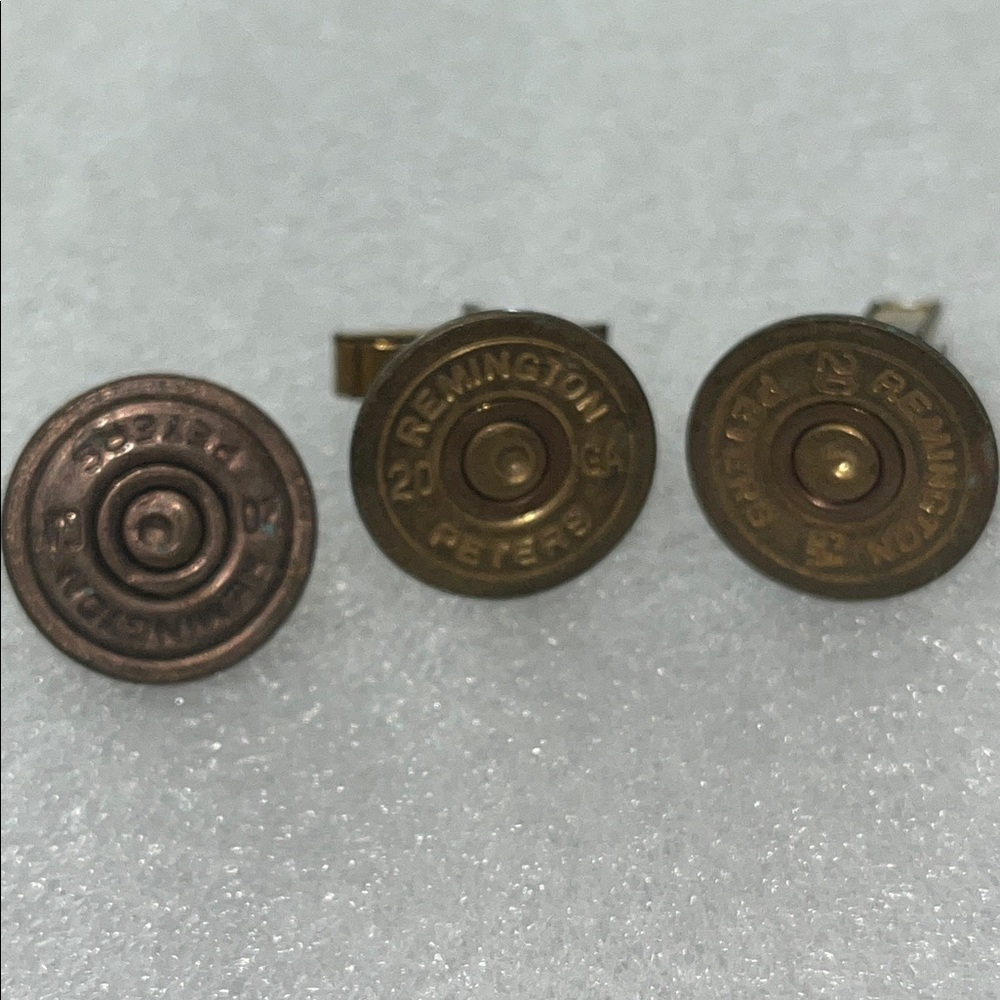 Vintage Remington Peters 20 Gauge Cuff Links & Tie Tack Set fired brass